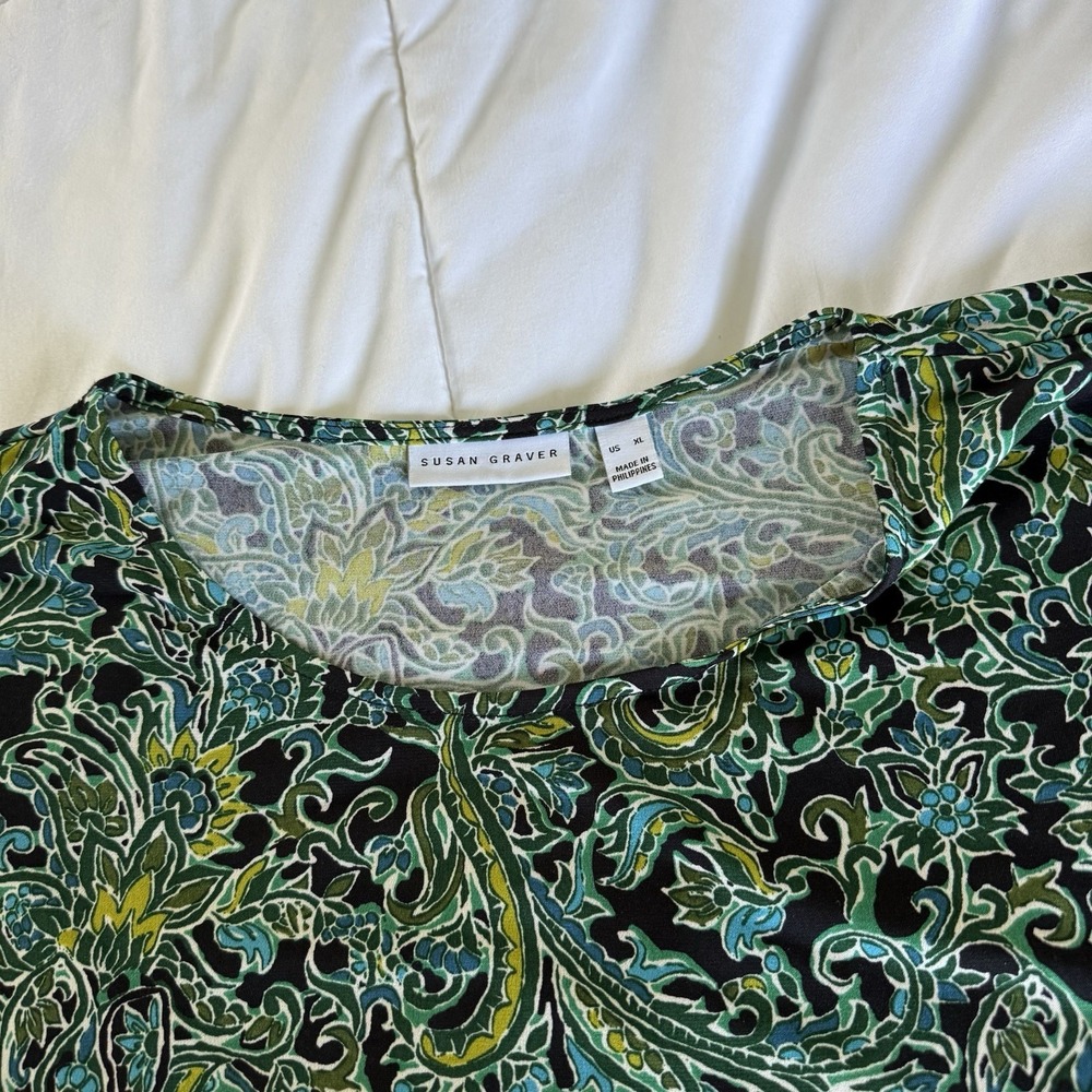 Susan Graver Long Sleeve Printed Liquid Knit Top Green Gold XL - Picture 6 of 9